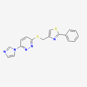 molecular formula C17H13N5S2 B2490609 4-(((6-(1H-咪唑-1-基)吡咯啉-3-基)硫)甲基)-2-苯基噻唑 CAS No. 1334371-56-0