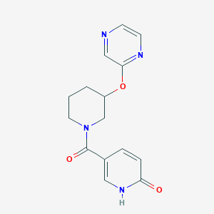 molecular formula C15H16N4O3 B2490612 5-(3-(pyrazin-2-yloxy)piperidine-1-carbonyl)pyridin-2(1H)-one CAS No. 2034440-26-9