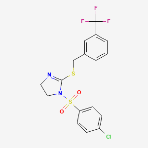 molecular formula C17H14ClF3N2O2S2 B2490645 1-(4-Chlorophenyl)sulfonyl-2-[[3-(trifluoromethyl)phenyl]methylsulfanyl]-4,5-dihydroimidazole CAS No. 868218-16-0