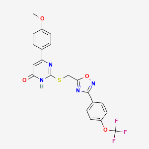 molecular formula C21H15F3N4O4S B2490668 6-(4-Methoxyphenyl)-2-(((3-(4-(trifluoromethoxy)phenyl)-1,2,4-oxadiazol-5-yl)methyl)thio)pyrimidin-4-ol CAS No. 1286059-75-3
