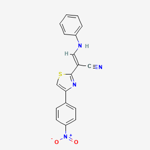 molecular formula C18H12N4O2S B2490699 (E)-2-(4-(4-nitrophenyl)thiazol-2-yl)-3-(phenylamino)acrylonitrile CAS No. 1322015-20-2