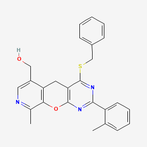 molecular formula C26H23N3O2S B2490715 [4-(benzylthio)-9-methyl-2-(2-methylphenyl)-5H-pyrido[4',3':5,6]pyrano[2,3-d]pyrimidin-6-yl]methanol CAS No. 892415-43-9