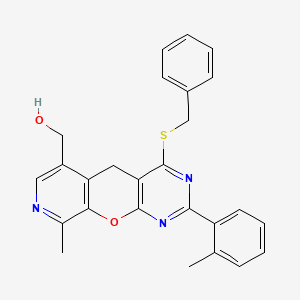 molecular formula C26H23N3O2S B2490715 [7-(Benzylsulfanyl)-14-methyl-5-(2-methylphenyl)-2-oxa-4,6,13-triazatricyclo[8.4.0.0^{3,8}]tetradeca-1(10),3(8),4,6,11,13-hexaen-11-yl]methanol CAS No. 892415-43-9