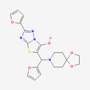 molecular formula C20H20N4O5S B2490740 2-(Furan-2-yl)-5-(furan-2-yl(1,4-dioxa-8-azaspiro[4.5]decan-8-yl)methyl)thiazolo[3,2-b][1,2,4]triazol-6-ol CAS No. 896294-72-7