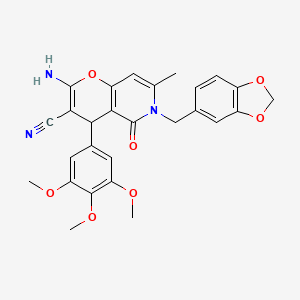 molecular formula C27H25N3O7 B2490758 2-氨基-6-(1,3-苯并二氧杂噻吩-5-基甲基)-7-甲基-5-氧代-4-(3,4,5-三甲氧基苯基)-5,6-二氢-4H-吡喃[3,2-c]吡啶-3-碳腈 CAS No. 444079-68-9