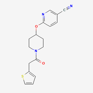 molecular formula C17H17N3O2S B2490831 6-((1-(2-(Thiophen-2-yl)acetyl)piperidin-4-yl)oxy)nicotinonitrile CAS No. 1421453-96-4