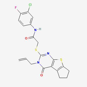 molecular formula C20H17ClFN3O2S2 B2490844 N-(3-chloro-4-fluorophenyl)-2-{[12-oxo-11-(prop-2-en-1-yl)-7-thia-9,11-diazatricyclo[6.4.0.0^{2,6}]dodeca-1(8),2(6),9-trien-10-yl]sulfanyl}acetamide CAS No. 618393-14-9