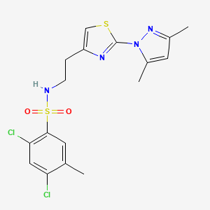 molecular formula C17H18Cl2N4O2S2 B2490859 2,4-二氯-N-(2-(2-(3,5-二甲基-1H-吡唑-1-基)噻唑-4-基)乙基)-5-甲基苯磺酰胺 CAS No. 1421499-25-3