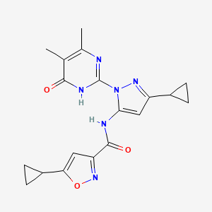 molecular formula C19H20N6O3 B2490875 5-cyclopropyl-N-(3-cyclopropyl-1-(4,5-dimethyl-6-oxo-1,6-dihydropyrimidin-2-yl)-1H-pyrazol-5-yl)isoxazole-3-carboxamide CAS No. 1207017-27-3