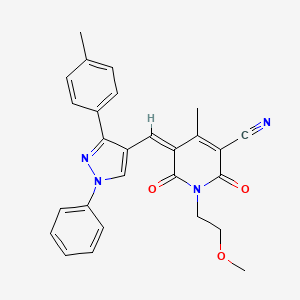 molecular formula C27H24N4O3 B2490922 (5Z)-1-(2-methoxyethyl)-4-methyl-5-{[3-(4-methylphenyl)-1-phenyl-1H-pyrazol-4-yl]methylidene}-2,6-dioxo-1,2,5,6-tetrahydropyridine-3-carbonitrile CAS No. 956957-98-5