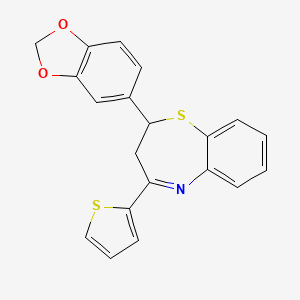 molecular formula C20H15NO2S2 B2490940 2-(Benzo[d][1,3]dioxol-5-yl)-4-(thiophen-2-yl)-2,3-dihydrobenzo[b][1,4]thiazepine CAS No. 307341-87-3