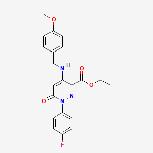 molecular formula C21H20FN3O4 B2490964 Ethyl 1-(4-fluorophenyl)-4-((4-methoxybenzyl)amino)-6-oxo-1,6-dihydropyridazine-3-carboxylate CAS No. 921990-53-6