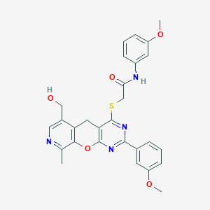 molecular formula C28H26N4O5S B2491007 2-((6-(hydroxymethyl)-2-(3-methoxyphenyl)-9-methyl-5H-pyrido[4',3':5,6]pyrano[2,3-d]pyrimidin-4-yl)thio)-N-(3-methoxyphenyl)acetamide CAS No. 892381-16-7