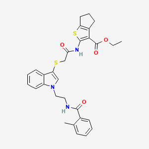 molecular formula C30H31N3O4S2 B2491082 乙酸2-(2-((1-(2-(2-甲基苯甲酰胺)乙基)-1H-吲哚-3-基)硫代)乙酰胺基)-5,6-二氢-4H-环戊[b]噻吩-3-羧酸乙酯 CAS No. 532970-45-9