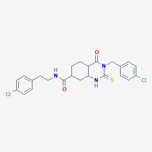 molecular formula C24H19Cl2N3O2S B2491110 N-[2-(4-chlorophenyl)ethyl]-3-[(4-chlorophenyl)methyl]-4-oxo-2-sulfanylidene-1,2,3,4-tetrahydroquinazoline-7-carboxamide CAS No. 422530-24-3