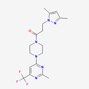 molecular formula C18H23F3N6O B2491112 3-(3,5-dimethyl-1H-pyrazol-1-yl)-1-(4-(2-methyl-6-(trifluoromethyl)pyrimidin-4-yl)piperazin-1-yl)propan-1-one CAS No. 2034442-59-4