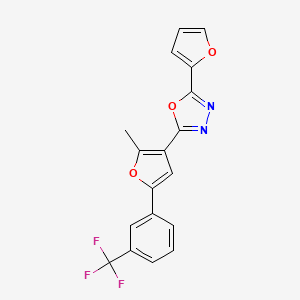 molecular formula C18H11F3N2O3 B2491130 2-(Furan-2-yl)-5-(2-methyl-5-(3-(trifluoromethyl)phenyl)furan-3-yl)-1,3,4-oxadiazole CAS No. 890641-91-5