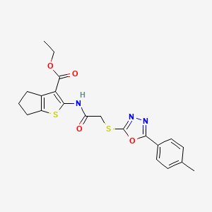 molecular formula C21H21N3O4S2 B2491201 2-(2-((5-(p-トルイル)-1,3,4-オキサジアゾール-2-イル)チオ)アセトアミド)-5,6-ジヒドロ-4H-シクロペンタ[b]チオフェン-3-カルボン酸エチル CAS No. 896676-02-1