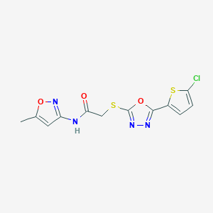 molecular formula C12H9ClN4O3S2 B2491216 2-{[5-(5-chlorothien-2-yl)-1,3,4-oxadiazol-2-yl]thio}-N-(5-methylisoxazol-3-yl)acetamide CAS No. 850937-46-1