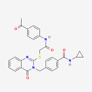 molecular formula C29H26N4O4S B2491220 4-((2-((2-((4-acetylphenyl)amino)-2-oxoethyl)thio)-4-oxoquinazolin-3(4H)-yl)methyl)-N-cyclopropylbenzamide CAS No. 1115360-40-1