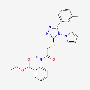 molecular formula C24H23N5O3S B2491253 ethyl 2-[({[5-(3-methylphenyl)-4-(1H-pyrrol-1-yl)-4H-1,2,4-triazol-3-yl]sulfanyl}acetyl)amino]benzoate CAS No. 886930-23-0