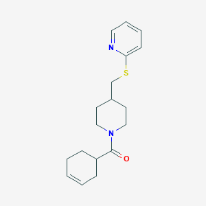 molecular formula C18H24N2OS B2491287 Cyclohex-3-en-1-yl(4-((pyridin-2-ylthio)methyl)piperidin-1-yl)methanone CAS No. 1421476-05-2