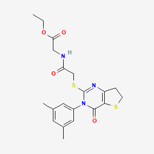 molecular formula C20H23N3O4S2 B2491292 Ethyl 2-(2-((3-(3,5-dimethylphenyl)-4-oxo-3,4,6,7-tetrahydrothieno[3,2-d]pyrimidin-2-yl)thio)acetamido)acetate CAS No. 877653-80-0