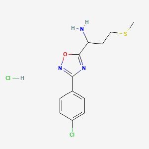 molecular formula C12H15Cl2N3OS B2491328 1-[3-(4-Chlorophenyl)-1,2,4-oxadiazol-5-YL]-3-(methylsulfanyl)propan-1-amine hydrochloride CAS No. 1573548-16-9