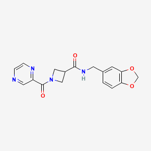 molecular formula C17H16N4O4 B2491360 N-(benzo[d][1,3]dioxol-5-ylmethyl)-1-(pyrazine-2-carbonyl)azetidine-3-carboxamide CAS No. 1396687-20-9