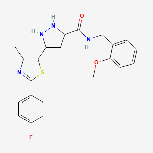 molecular formula C22H19FN4O2S B2491361 5-[2-(4-fluorophenyl)-4-methyl-1,3-thiazol-5-yl]-N-[(2-methoxyphenyl)methyl]pyrazolidine-3-carboxamide CAS No. 1297612-21-5