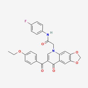 molecular formula C27H21FN2O6 B2491371 2-[7-(4-ethoxybenzoyl)-8-oxo-2H,5H,8H-[1,3]dioxolo[4,5-g]quinolin-5-yl]-N-(4-fluorophenyl)acetamide CAS No. 866345-33-7