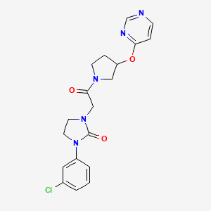 molecular formula C19H20ClN5O3 B2491377 1-(3-Chlorophenyl)-3-(2-oxo-2-(3-(pyrimidin-4-yloxy)pyrrolidin-1-yl)ethyl)imidazolidin-2-one CAS No. 2034246-98-3