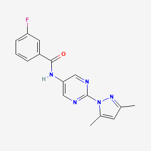 molecular formula C16H14FN5O B2491386 N-(2-(3,5-dimethyl-1H-pyrazol-1-yl)pyrimidin-5-yl)-3-fluorobenzamide CAS No. 1396685-76-9