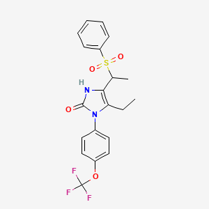 molecular formula C20H19F3N2O4S B2491396 5-ethyl-4-[1-(phenylsulfonyl)ethyl]-1-[4-(trifluoromethoxy)phenyl]-1,3-dihydro-2H-imidazol-2-one CAS No. 477848-59-2