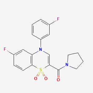 molecular formula C19H16F2N2O3S B2491407 6-fluoro-4-(3-fluorophenyl)-2-(pyrrolidin-1-ylcarbonyl)-4H-1,4-benzothiazine 1,1-dioxide CAS No. 1251691-97-0