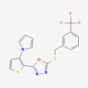 molecular formula C18H12F3N3OS2 B2491409 2-[3-(1H-pyrrol-1-yl)-2-thienyl]-5-{[3-(trifluoromethyl)benzyl]sulfanyl}-1,3,4-oxadiazole CAS No. 478077-33-7