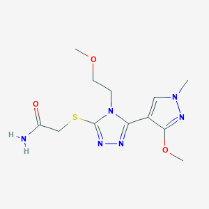 molecular formula C12H18N6O3S B2491416 2-((5-(3-methoxy-1-methyl-1H-pyrazol-4-yl)-4-(2-methoxyethyl)-4H-1,2,4-triazol-3-yl)thio)acetamide CAS No. 1013774-73-6
