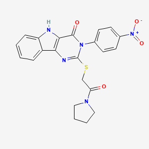 molecular formula C22H19N5O4S B2491430 3-(4-nitrophenyl)-2-((2-oxo-2-(pyrrolidin-1-yl)ethyl)thio)-3H-pyrimido[5,4-b]indol-4(5H)-one CAS No. 536716-62-8