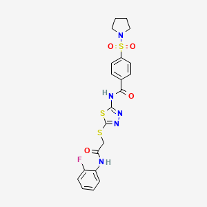 molecular formula C21H20FN5O4S3 B2491449 N-(5-((2-((2-fluorophenyl)amino)-2-oxoethyl)thio)-1,3,4-thiadiazol-2-yl)-4-(pyrrolidin-1-ylsulfonyl)benzamide CAS No. 392298-82-7