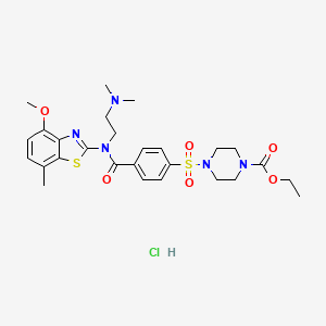 molecular formula C27H36ClN5O6S2 B2491482 乙酸-4-((4-((2-(二甲基氨基)乙基)(4-甲氧基-7-甲基苯并[d]噻唑-2-基)氨基甲酰)苯基磺酰基)哌嗪-1-基)酯盐酸盐 CAS No. 1321950-62-2