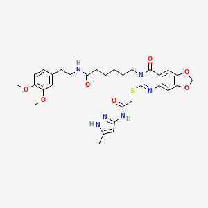 molecular formula C31H36N6O7S B2491490 N-(3,4-dimethoxyphenethyl)-6-(6-((2-((3-methyl-1H-pyrazol-5-yl)amino)-2-oxoethyl)thio)-8-oxo-[1,3]dioxolo[4,5-g]quinazolin-7(8H)-yl)hexanamide CAS No. 896682-31-8
