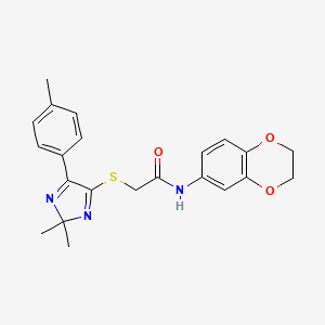 molecular formula C22H23N3O3S B2491494 N-(2,3-dihydrobenzo[b][1,4]dioxin-6-yl)-2-((2,2-dimethyl-5-(p-tolyl)-2H-imidazol-4-yl)thio)acetamide CAS No. 923681-63-4