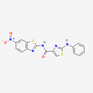 molecular formula C17H11N5O3S2 B2491495 N-(6-nitrobenzo[d]thiazol-2-yl)-2-(phenylamino)thiazole-4-carboxamide CAS No. 1105229-20-6