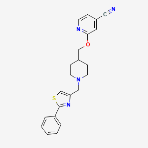 molecular formula C22H22N4OS B2491536 2-[[1-[(2-Phenyl-1,3-thiazol-4-yl)methyl]piperidin-4-yl]methoxy]pyridine-4-carbonitrile CAS No. 2415492-03-2
