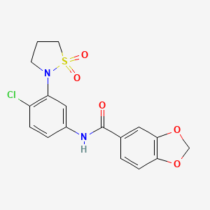 molecular formula C17H15ClN2O5S B2491538 N-(4-chloro-3-(1,1-dioxidoisothiazolidin-2-yl)phenyl)benzo[d][1,3]dioxole-5-carboxamide CAS No. 946261-90-1