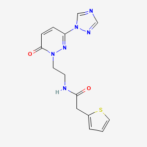molecular formula C14H14N6O2S B2491552 N-(2-(6-oxo-3-(1H-1,2,4-triazol-1-yl)pyridazin-1(6H)-yl)ethyl)-2-(thiophen-2-yl)acetamide CAS No. 1448132-59-9
