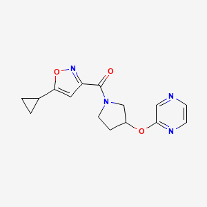 molecular formula C15H16N4O3 B2491557 (5-Cyclopropylisoxazol-3-yl)(3-(pyrazin-2-yloxy)pyrrolidin-1-yl)methanone CAS No. 2034251-24-4