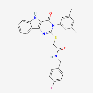 molecular formula C27H23FN4O2S B2491560 2-((3-(3,5-dimethylphenyl)-4-oxo-4,5-dihydro-3H-pyrimido[5,4-b]indol-2-yl)thio)-N-(4-fluorobenzyl)acetamide CAS No. 536705-79-0