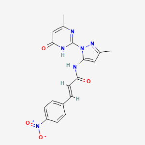 molecular formula C18H16N6O4 B2491573 (E)-N-(3-methyl-1-(4-methyl-6-oxo-1,6-dihydropyrimidin-2-yl)-1H-pyrazol-5-yl)-3-(4-nitrophenyl)acrylamide CAS No. 1002482-76-9