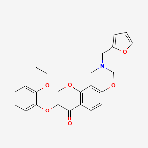 molecular formula C24H21NO6 B2491578 3-(2-ethoxyphenoxy)-9-(furan-2-ylmethyl)-9,10-dihydrochromeno[8,7-e][1,3]oxazin-4(8H)-one CAS No. 946385-55-3